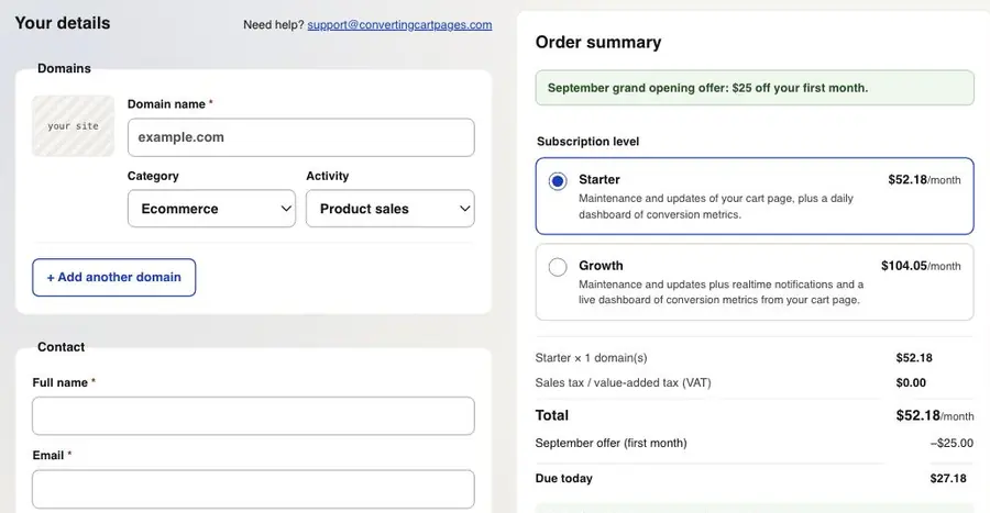 The ConvertingCartPages checkout: domain and stack details on the left, order summary with the Starter and Growth plans on the right.